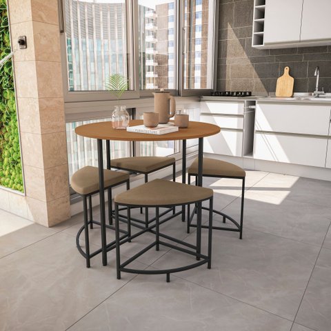 Mesa Redonda com 4 Banquetas Kappesberg LI038 Canela Preto Fosco