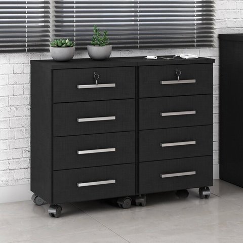 Conjunto 2 Gaveteiros para Escritório 4 Gavetas com Rodízios e Chave Gávea Preto