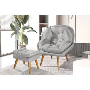 Poltrona+puff Sênior Suede Premium com Pés de Madeira:cinza