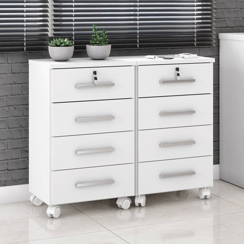 Conjunto 2 Gaveteiros para Escritório 4 Gavetas com Rodízios e Chave Gávea Branco