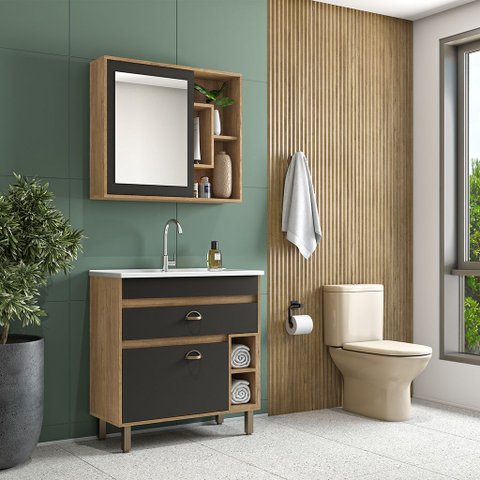 ​conjunto Banheiro Florença 80cm Armário Completo Gabinete Cuba Espelheira