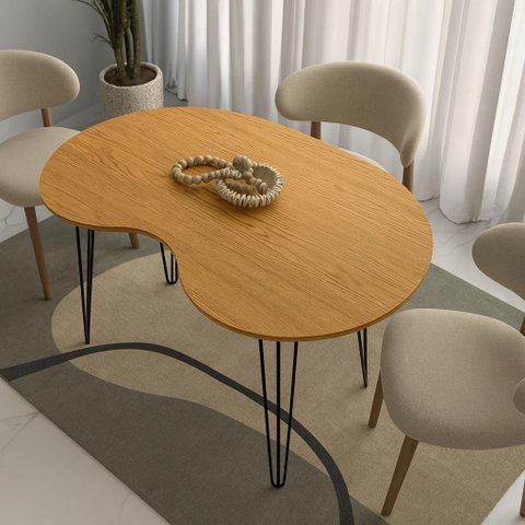 Mesa de Jantar Orgânica 120cm X 80cm Formato Grão Tampo Madeirado Pés Preto - Rede Móveis