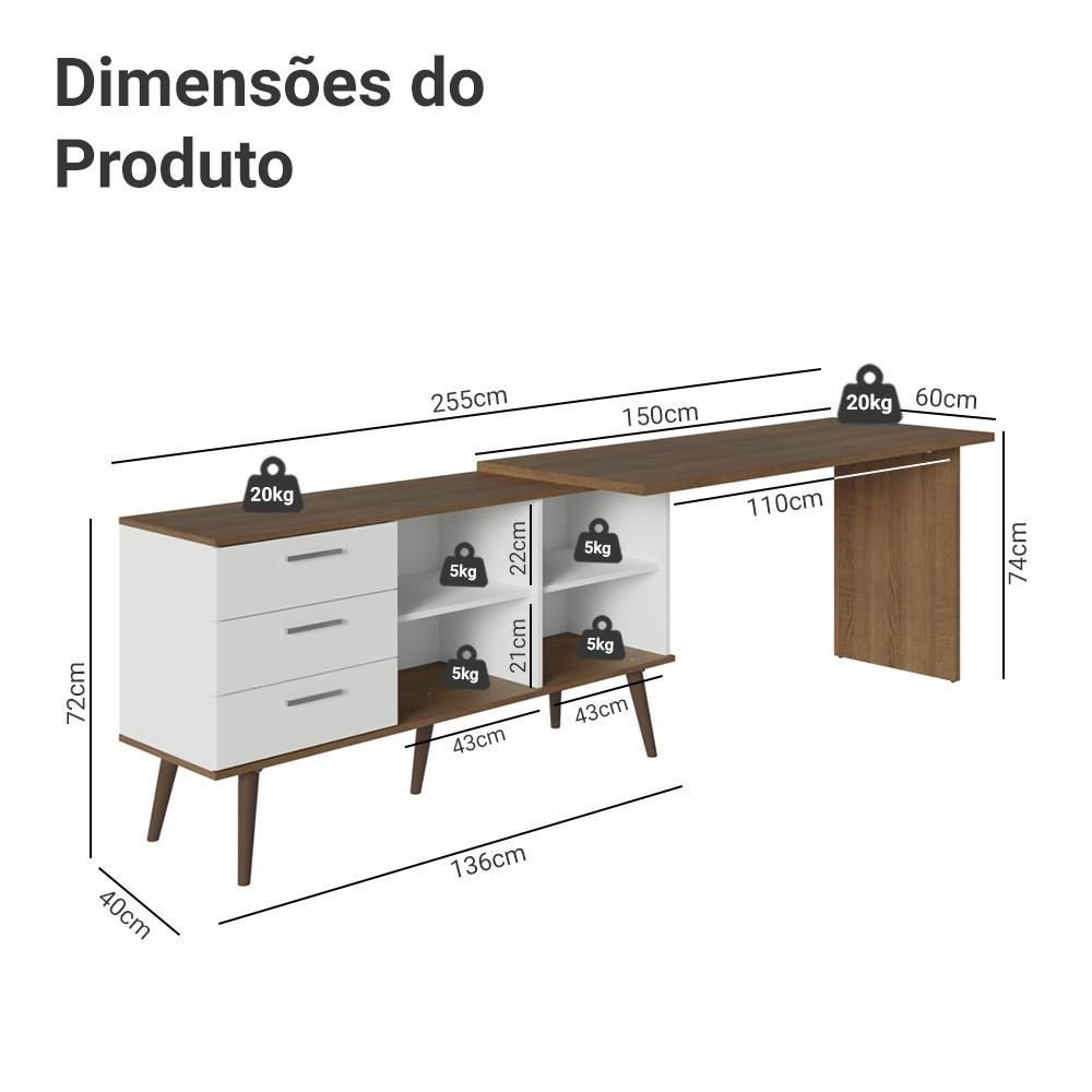 Mesa de Escritório em L 3 Gavetas Branco/rustic Lisboa Madesa Xa