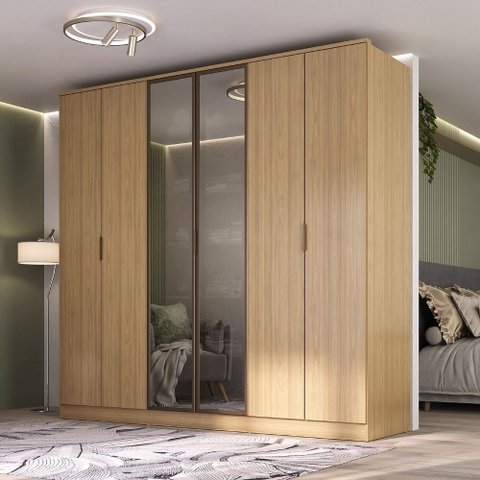 Guarda Roupa Casal 2,40m 6 Portas C/ Reflecta e Led 100% Mdf Cor:olmo