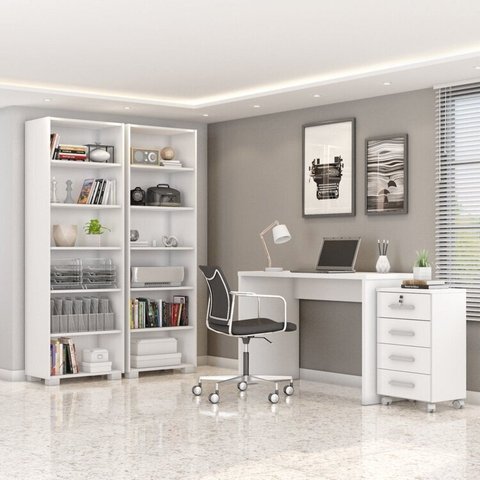 Conjunto 4 Peças com Escrivaninha, Gaveteiro e 2 Estantes Livreiros Branco