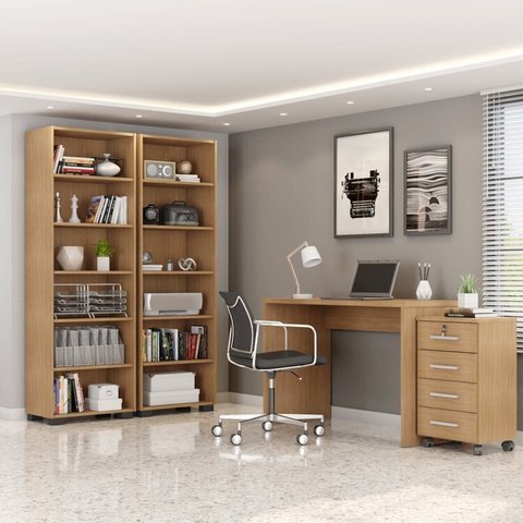 Conjunto 4 Peças com Escrivaninha, Gaveteiro e 2 Estantes Livreiros Freijó