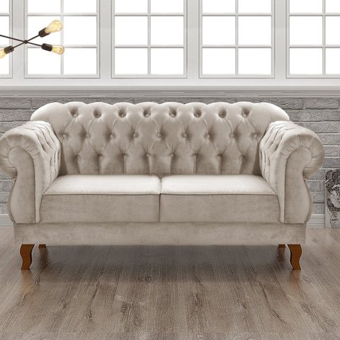 Sofá 2 Lugares Duquesa Chesterfield Decoração Recepção Bege Claro