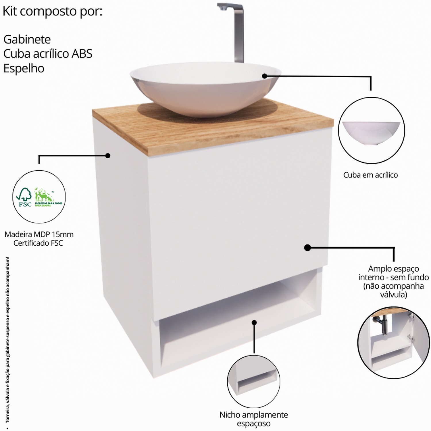 Gabinete Armário para Banheiro com Cuba e Espelho 40cm - 5