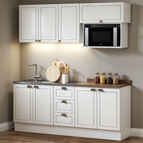 Cozinha Completa Americana 8 Portas 3 Gavetas MDF 200cm Branco com Rodapé
