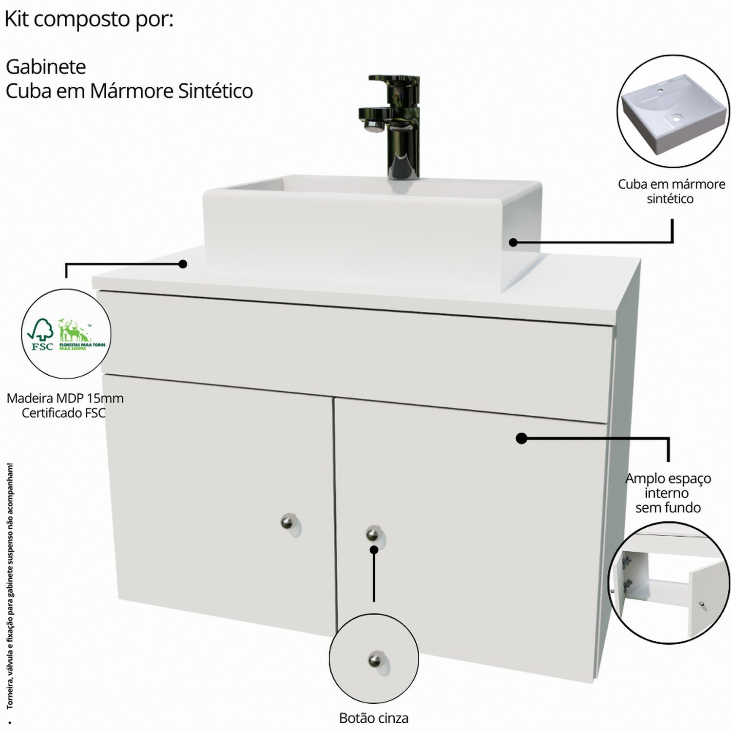 Gabinete Armário para Banheiro com Pia Cuba Quadrada Mármore 60cm Balcão Suspenso - 5