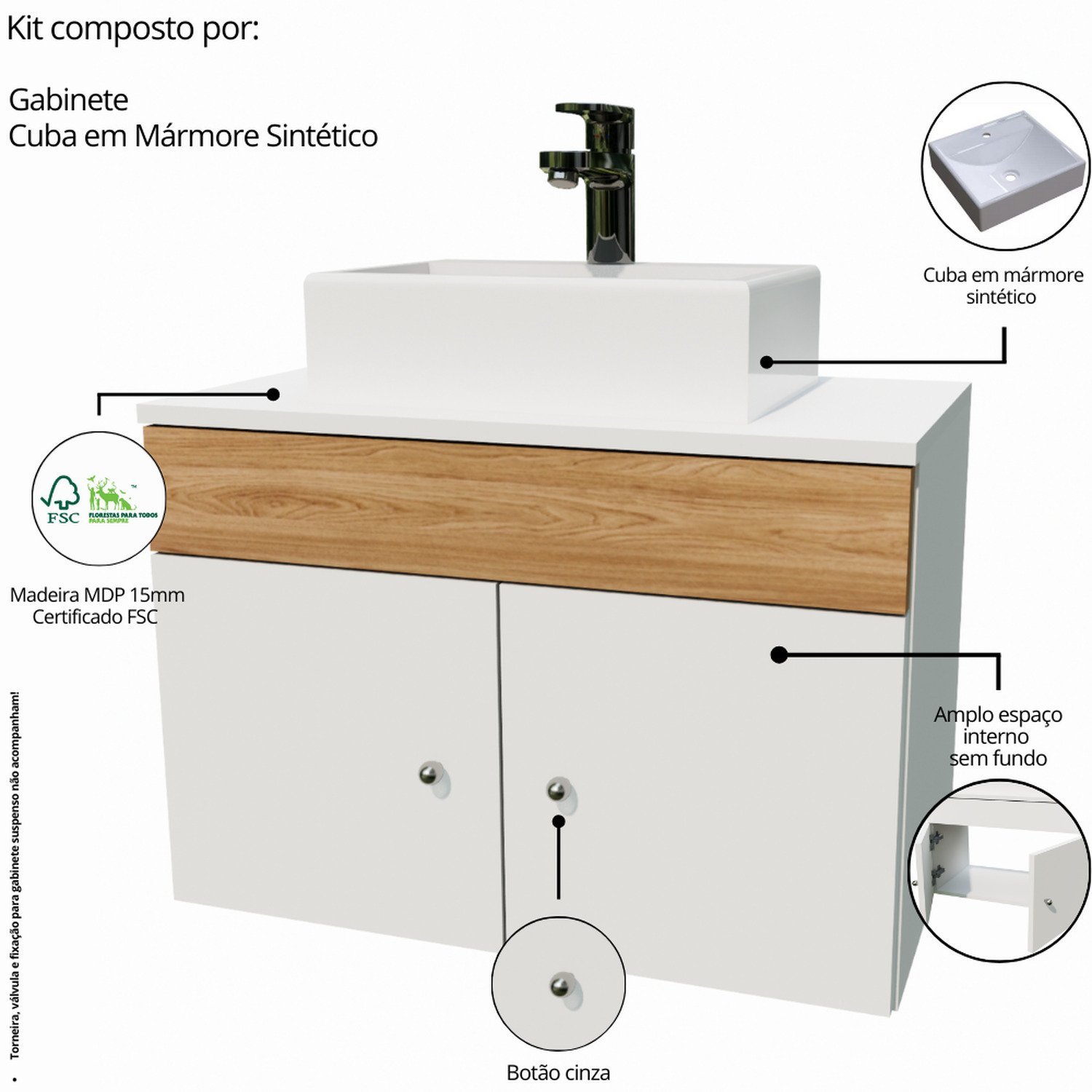 Gabinete Armário para Banheiro com Pia Cuba Quadrada Mármore 60cm Balcão Suspenso - 6