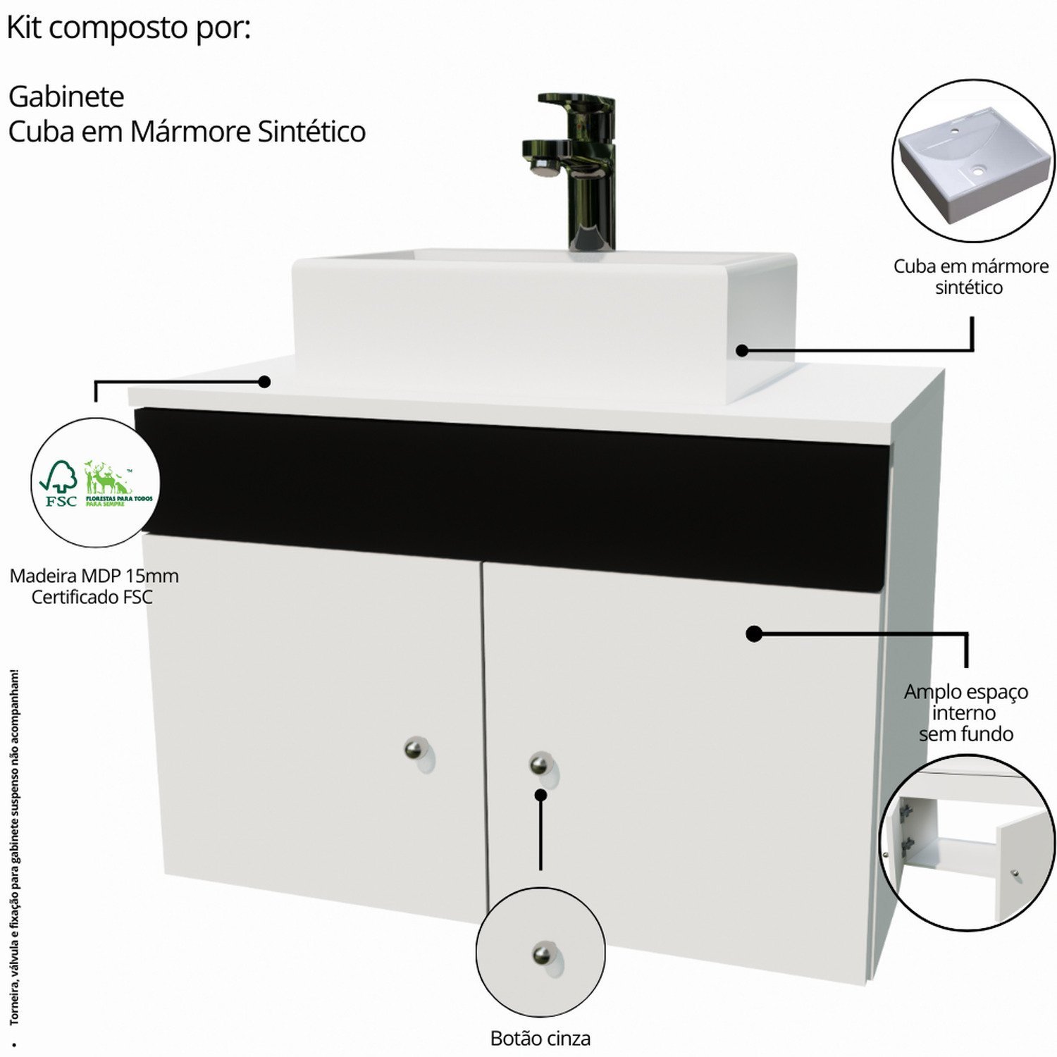 Gabinete Armário para Banheiro com Pia Cuba Quadrada Mármore 60cm Balcão Suspenso - 5