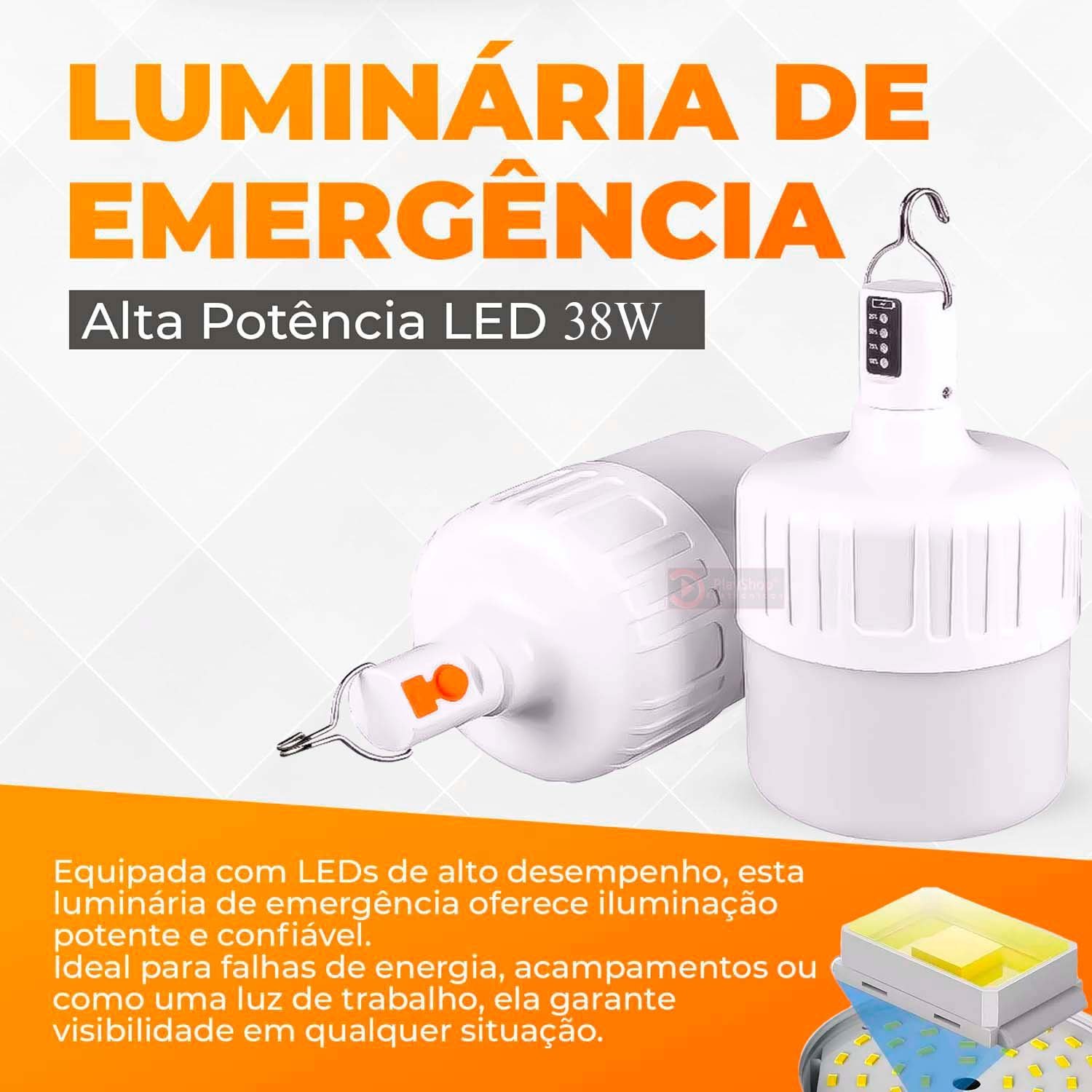 Luminária de Emergência Recarregável 38w Lampada Led de À Prova D'água Usb - 2