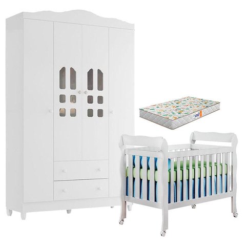 Berço Americano Lila e Guarda Roupa Infantil New Selena 4 Portas Branco Brilho com Colchão Gazin – C