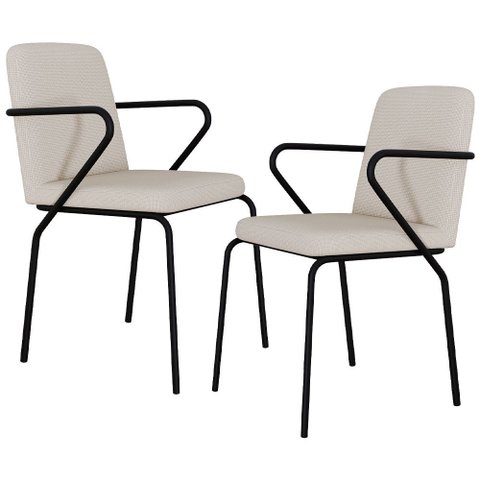 Kit 02 Cadeiras Estofada para Sala de Jantar com Braço Loft Preto C01 Linho Areia - Lyam Decor