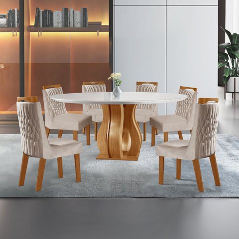 Conjunto Sala de Jantar Mesa com Tampo de Vidro 6 Cadeiras Atena Espresso Móveis Marrom/Castanho Cinamomo/Pena Bege/Off White