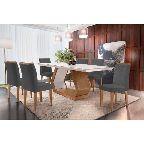 Conjunto: Mesa Sala Jantar Alvorada Tampo Madeirado C/ Vidro Canto Reto 180x90cm e 6 Cadeiras
