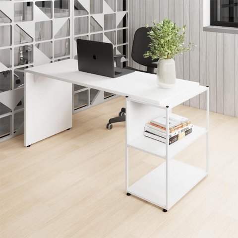 Escrivaninha com Estante Baixa Escritório 3 Prateleiras 150cm Branco F5 Office
