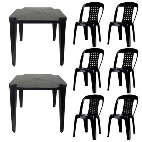 2 Mesas Quadradas Plástico Monobloco 70cm Preta + 6 Cadeiras Vime Empilhável