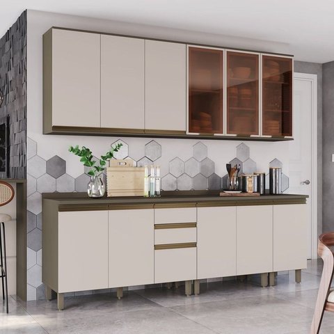 Cozinha Compacta Modulada 5 Peças com Aéreo de Vidro Reflecta 100% MDF Bege/Duna/Cristal