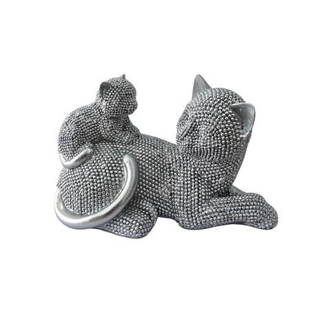 Estátua Decorativa Gato com Filhote - Resina Prata - 13cm