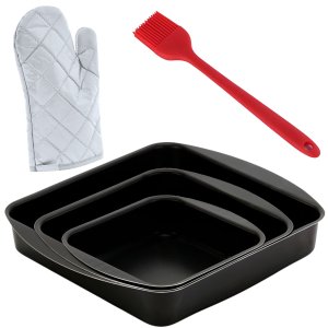 Jogo de Assadeiras Forma Quadrada 03 Peças Antiaderentes + Luva Térmica + Pincel de Silicone Vermelh