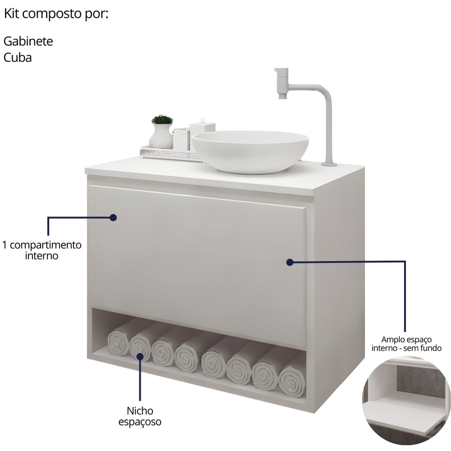 Gabinete Armário para Banheiro com Pia Cuba e Espelho 60cm Balcão Suspenso - 5