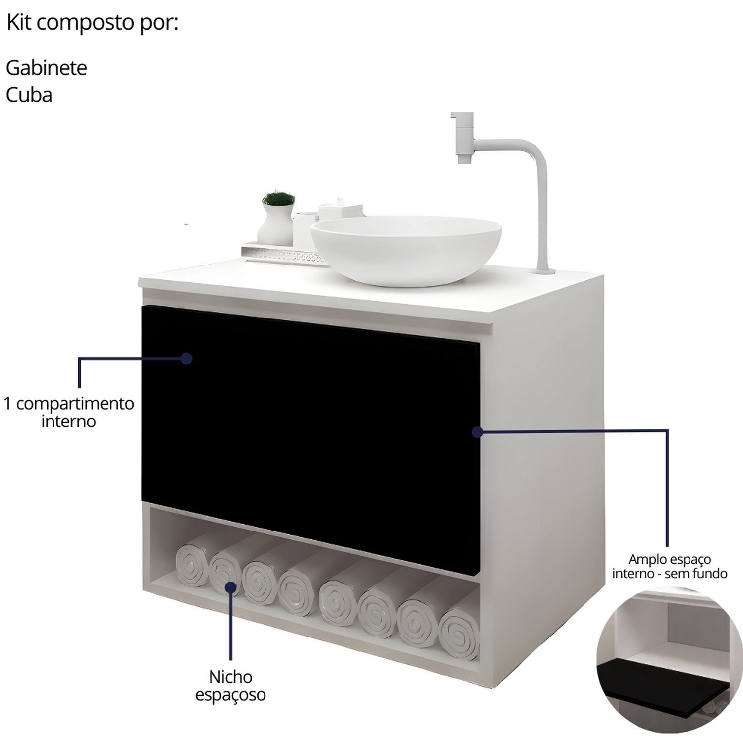 Gabinete Armário para Banheiro com Pia Cuba e Espelho 60cm Balcão Suspenso - 5