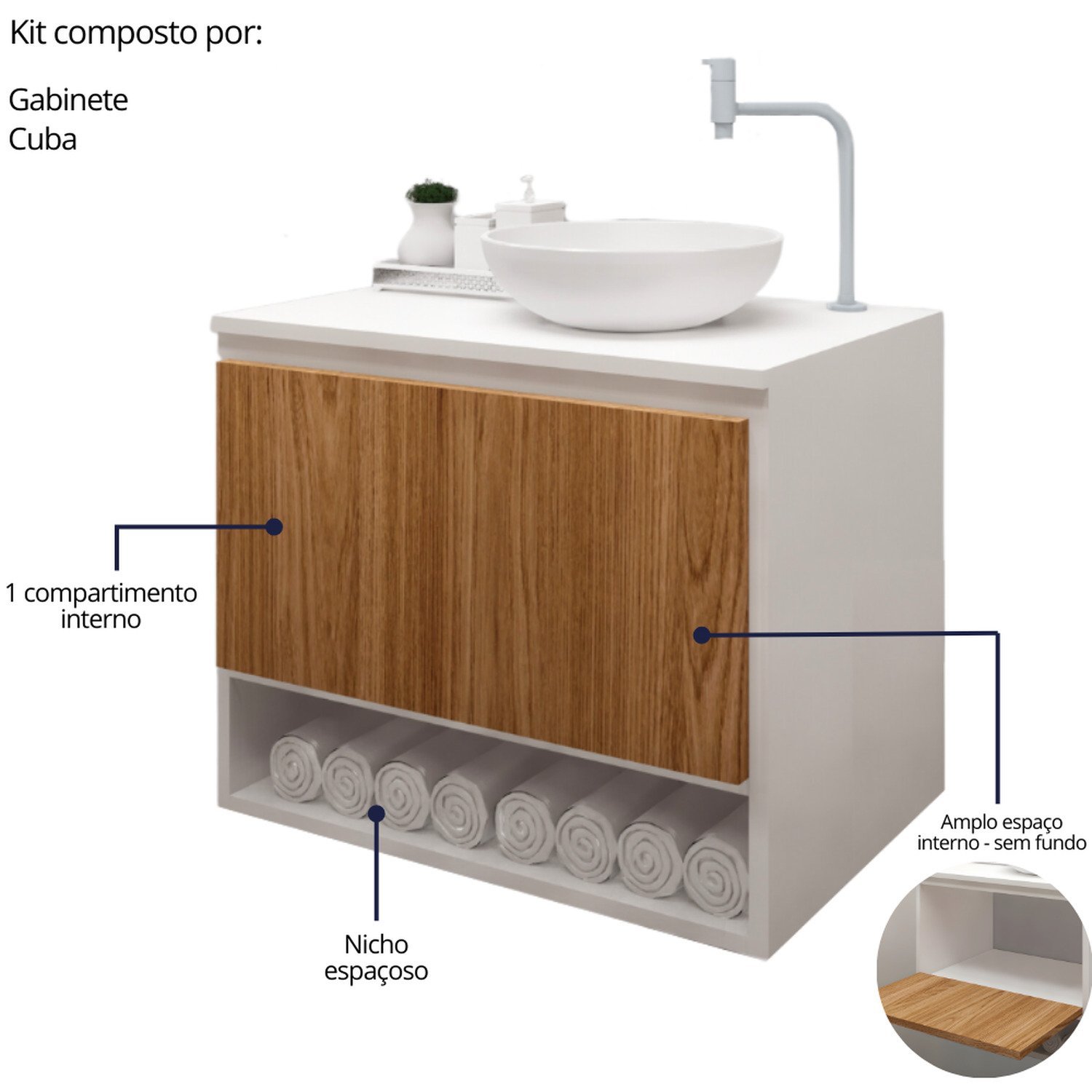 Gabinete Armário para Banheiro com Pia Cuba e Espelho 60cm Balcão Suspenso - 5