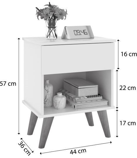 Mesa De Cabeceira Retrô Com Gaveta E Nicho Duda:Off White/Freijó - 3