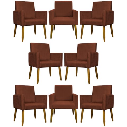Kit 8 Poltronas Decorativas para Sala Mari Suede Cores Pé Palito Castanho