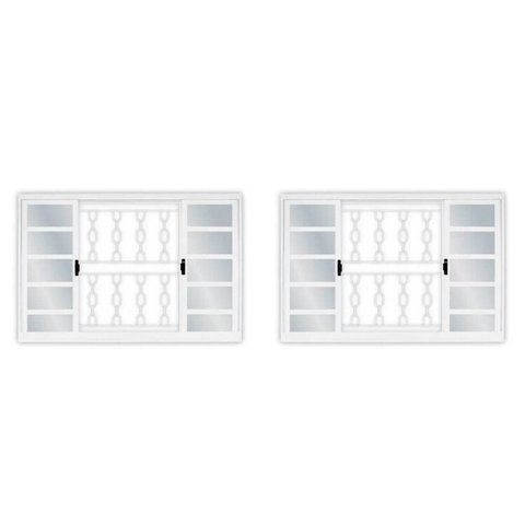 Kit Com 2 Janelas De Aço De Correr 100x100cm 4 Folhas Com Grade Branco MGM