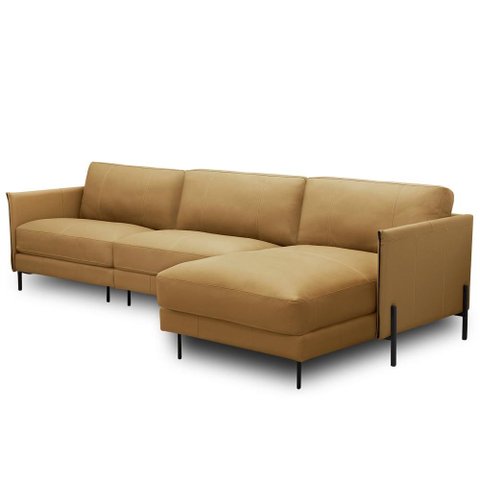 Sofá 4 Lugares com Chaise Direito Sala Living 300cm Amábile L06 Couro Marrom Claro - Lyam Decor