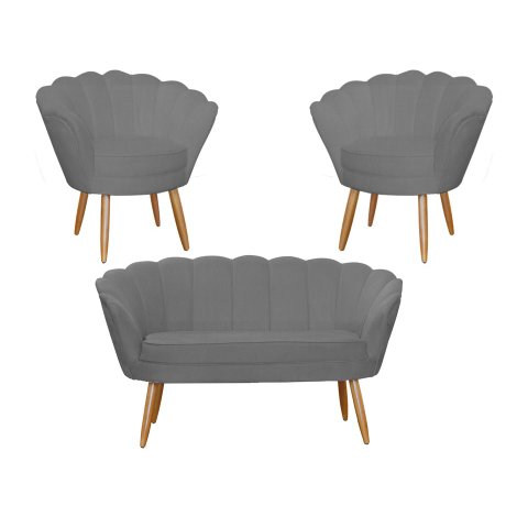 Kit Namoradeira + 2 Poltronas Decorativa Pétala Suede Cinza Pés Madeira Ms Decor