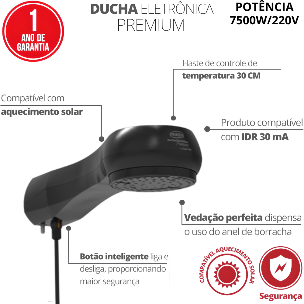 Chuveiro Ducha Eletrônica Premium Potência 7500w/220v Preto Durín - 2