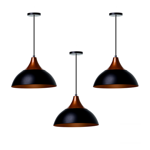 Kit 3 Pendente Panamá Preto C/topo Cobre Alumínio Decoração Cor; Preto Com Topo Cobre