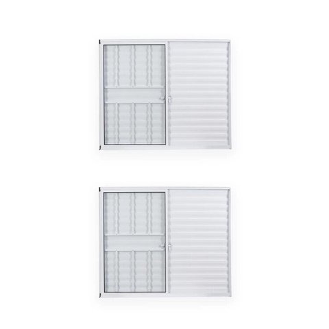 Kit com 2 Janelas de Alumínio Veneziana 100x150cm 3 Folhas 1 Fixa com Grade e Vidro Liso Soft Plus