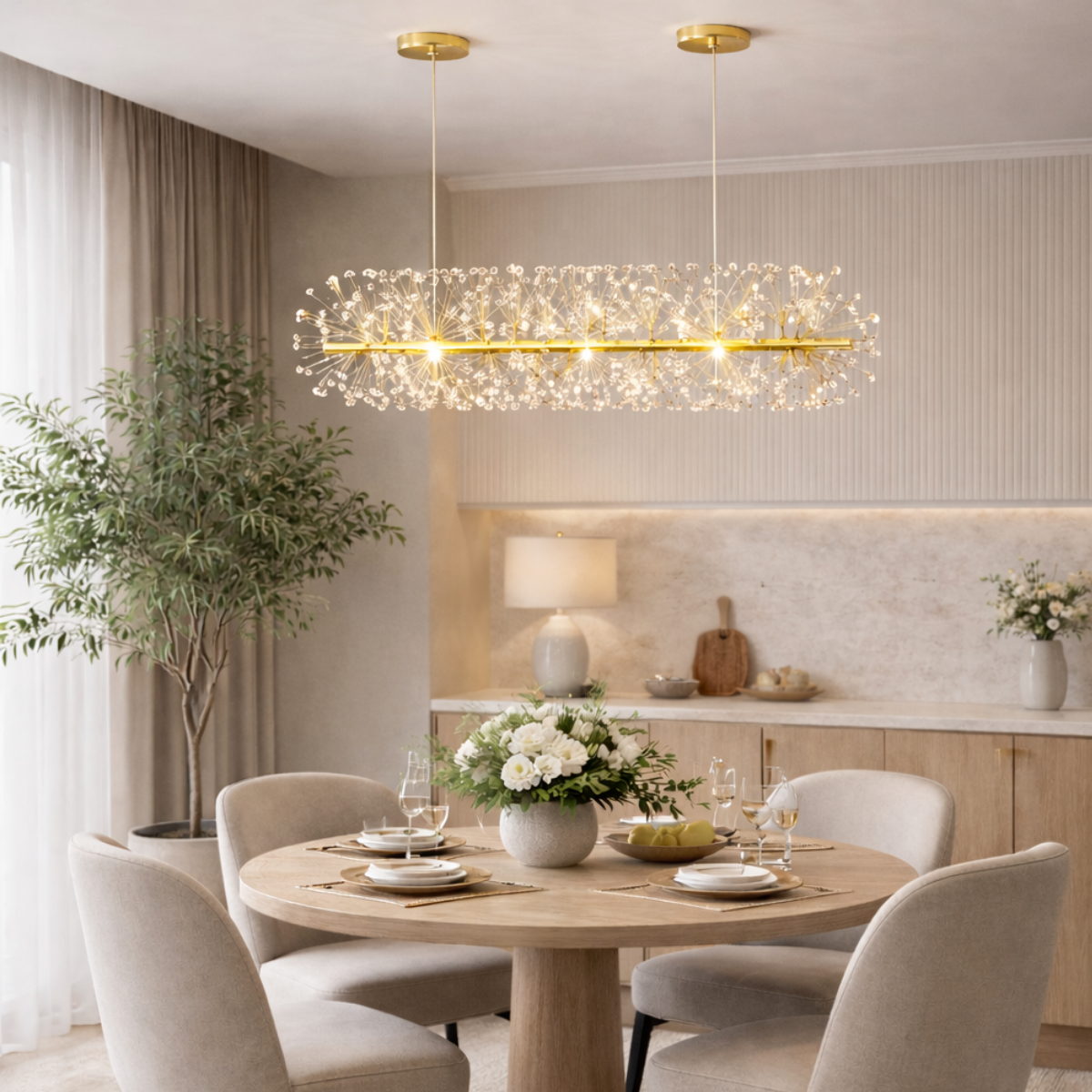 Ver imagem 4 de Lustre Pendente 70cm Dente de Leão 252 Cristais 9xg9 Led Dourada Metal Teto Gimpo Ldl-gold-70cm