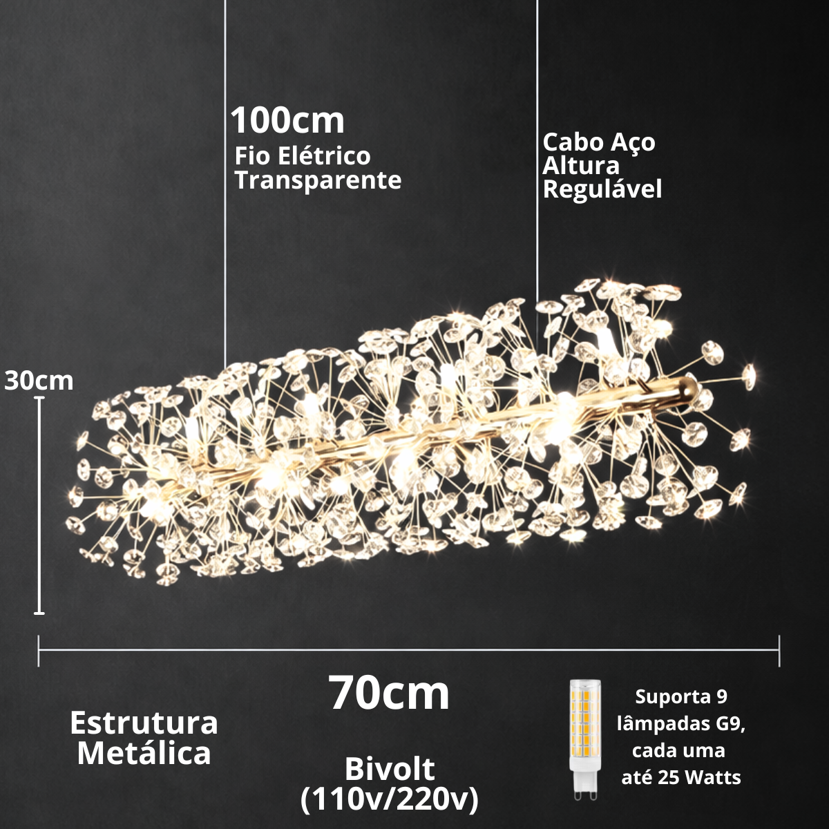 Ver imagem 5 de Lustre Pendente 70cm Dente de Leão 252 Cristais 9xg9 Led Dourada Metal Teto Gimpo Ldl-gold-70cm