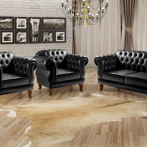Conjunto Sofá Duquesa Chesterfield Lugares e 2 Poltronas Preto