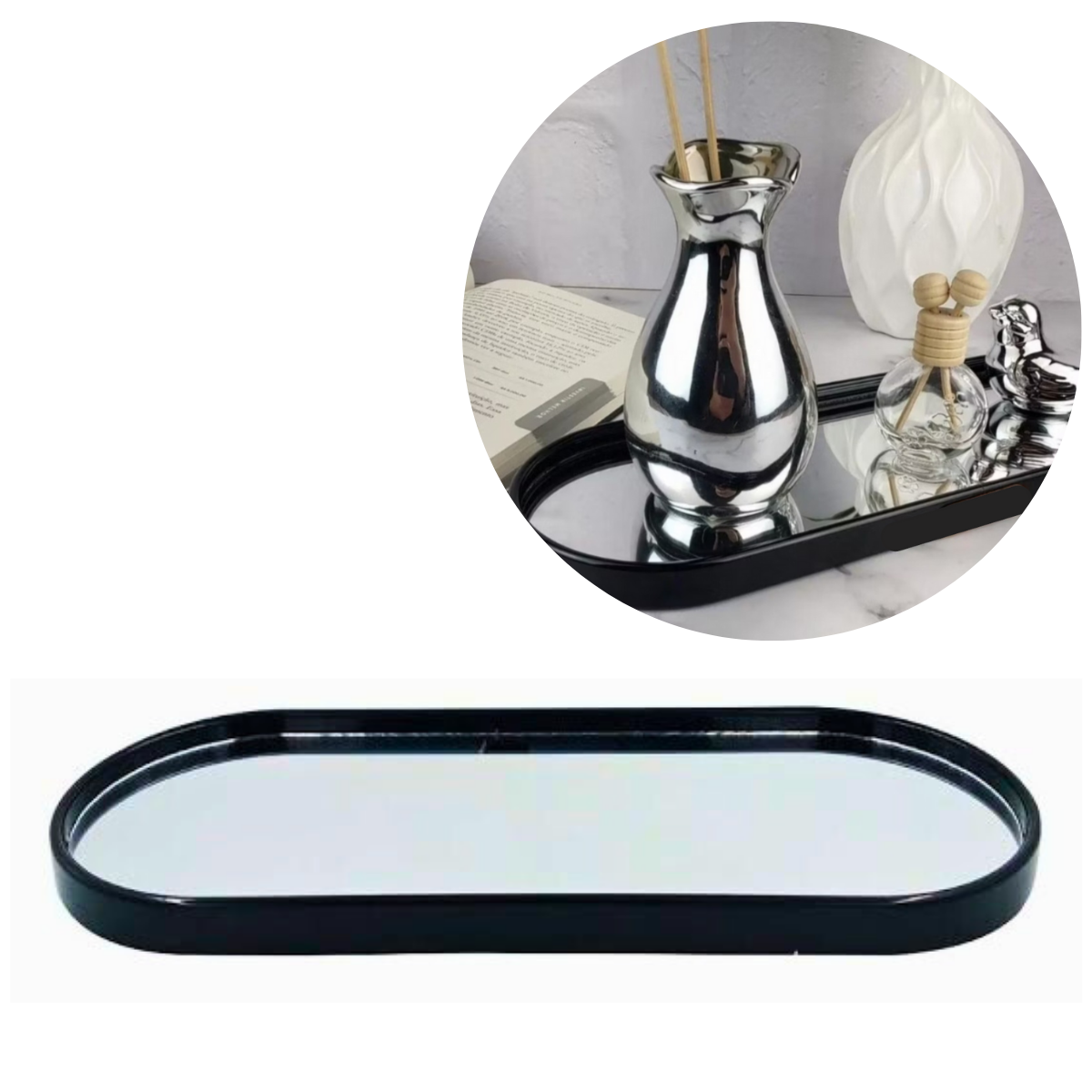 Bandeja Espelhada Banheiro Lavabo Oval Decorativa Multiuso Cor Preto