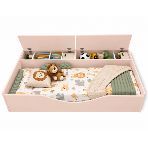 Cama Juvenil Infantil Montessoriana com 2 Baús Flora Rosa