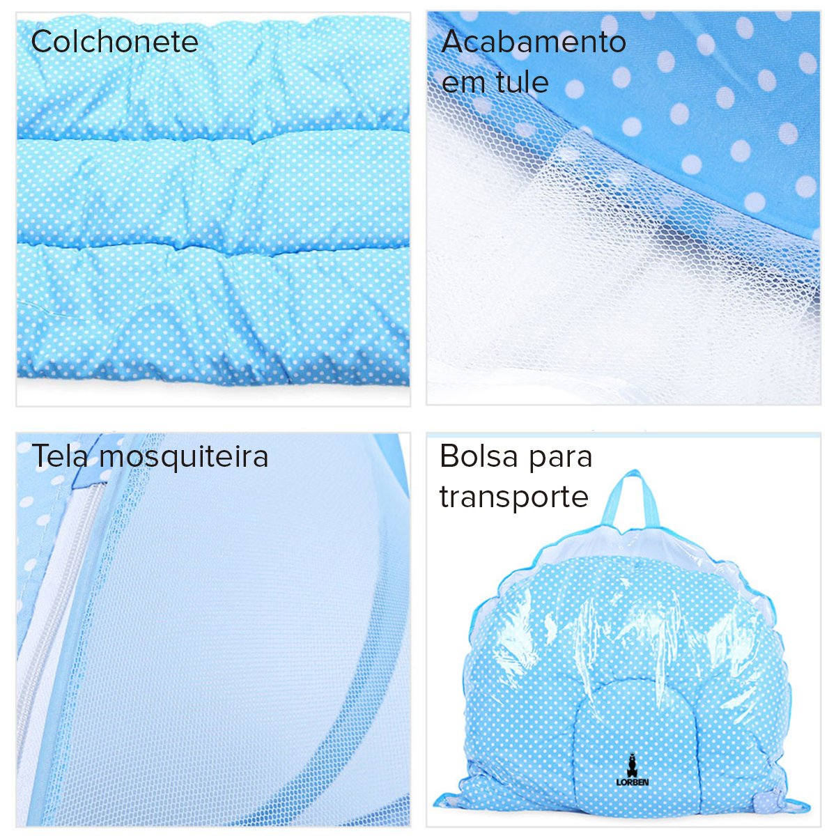 Berço Portátil Tenda Bebê com Mosquiteiro Cama 3 Peças Menino Azul Lorben - 4