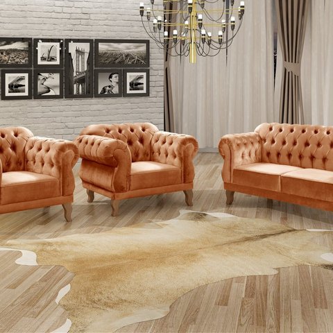 Conjunto Sofá Duquesa Chesterfield Lugares e 2 Poltronas Cobre Terracota
