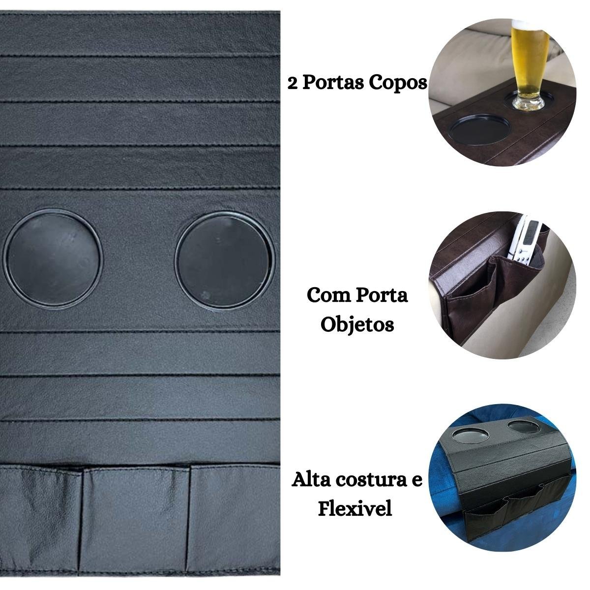 Kit 2 Bandejas Preto e Marrom Com Porta Copos e Bolsos - 2