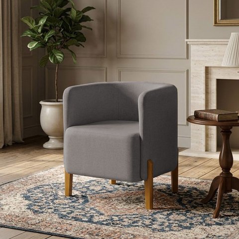 Poltrona Requinte em Linho Pés de Madeira Encosto Curvo Sala Moderna Elegante Luxo - Cinza Escuro