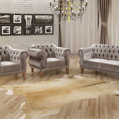 Conjunto Sofá Duquesa Chesterfield Lugares e 2 Poltronas Cinza Capuccino
