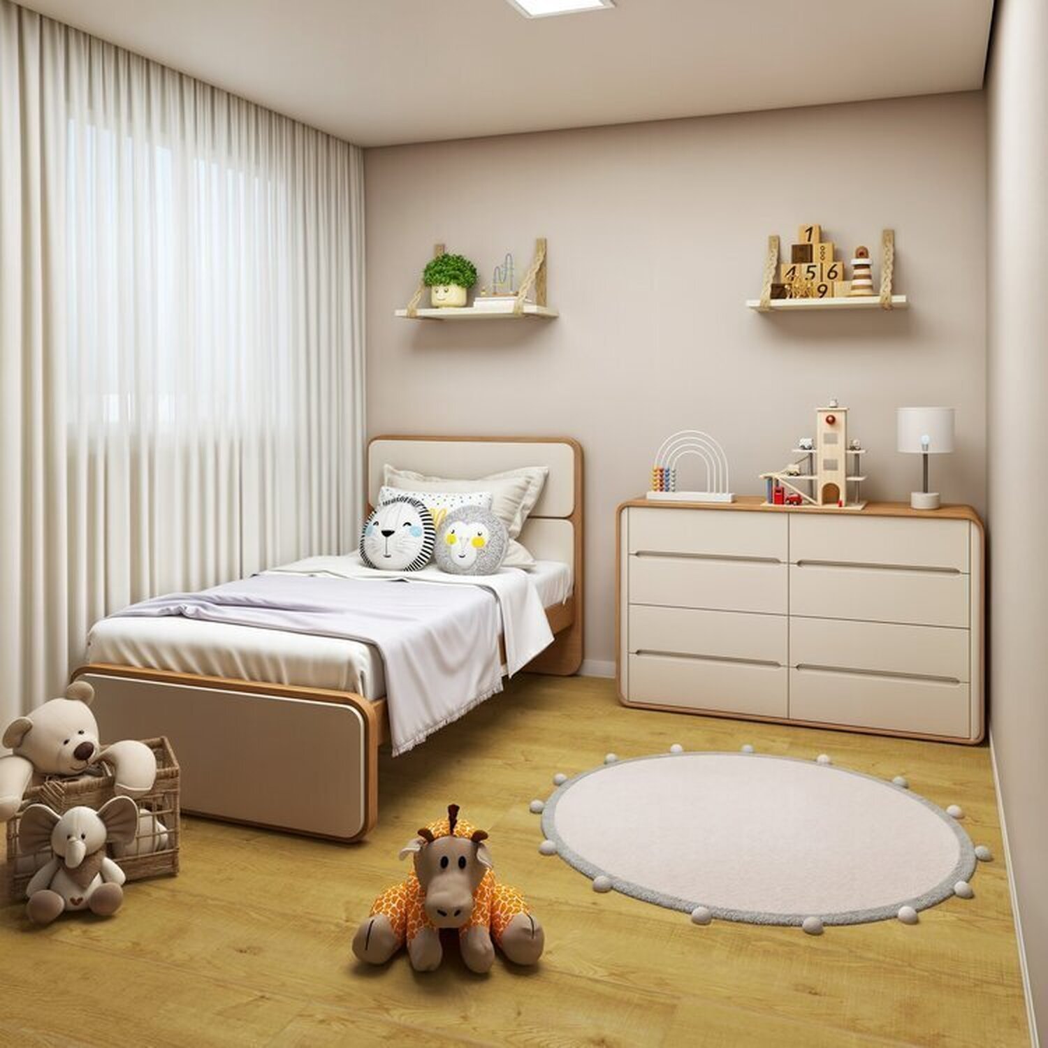 Quarto Infantil com Cama Solteiro Loop Tecido Corano e Cômoda 8 Gavetas 152x48x96cm Loop