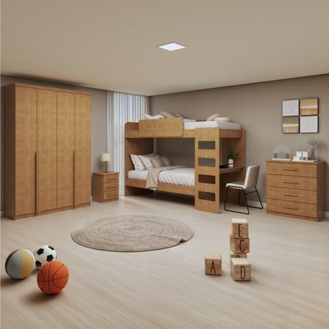 Quarto Infantil com Beliche Olga Cômoda e Criado Baião e Guarda-roupa Alonzo