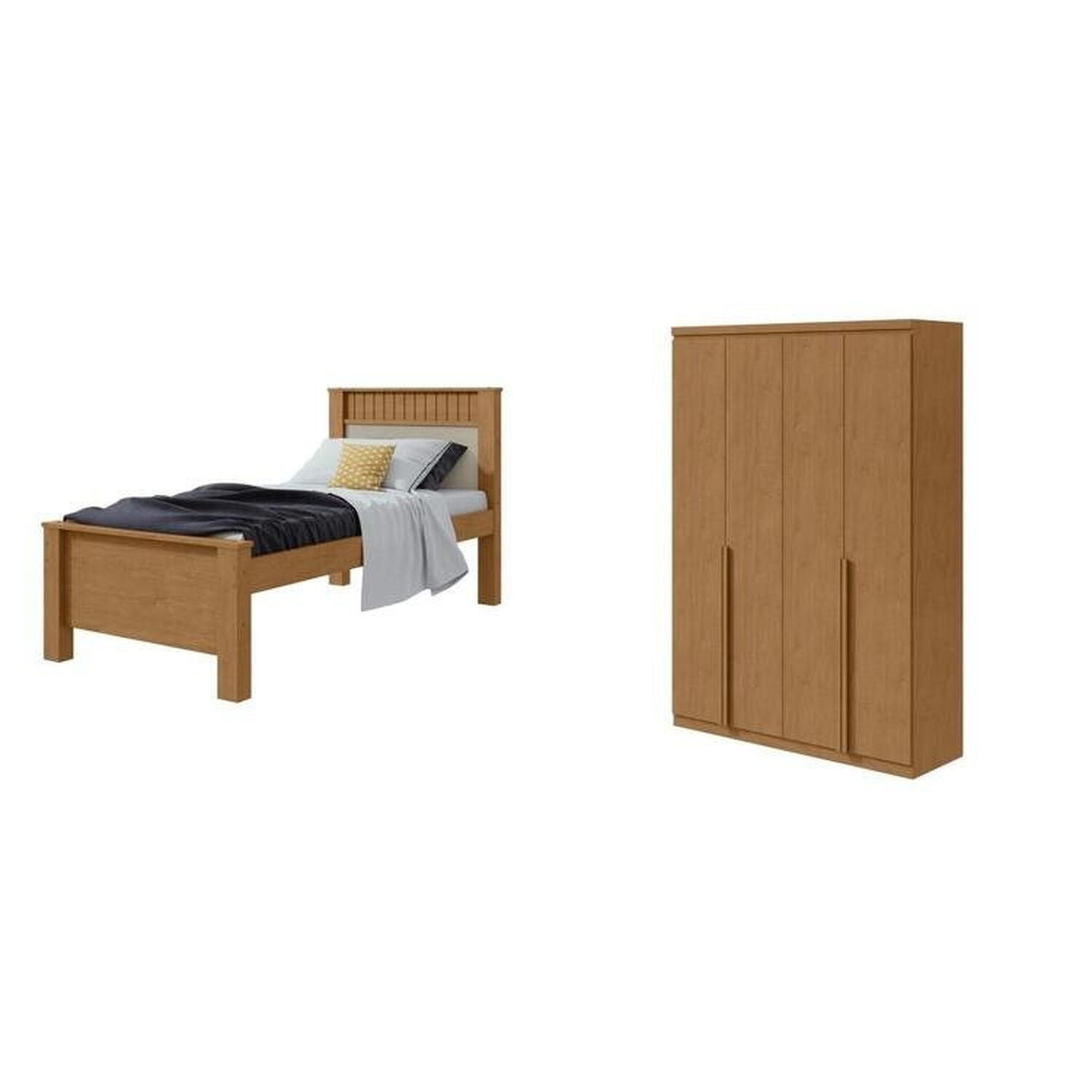 Quarto Infantil com Guarda-roupa Solteiro 4 Portas 2 Gavetas Alonzo e Cama Solteiro Athenas - 2